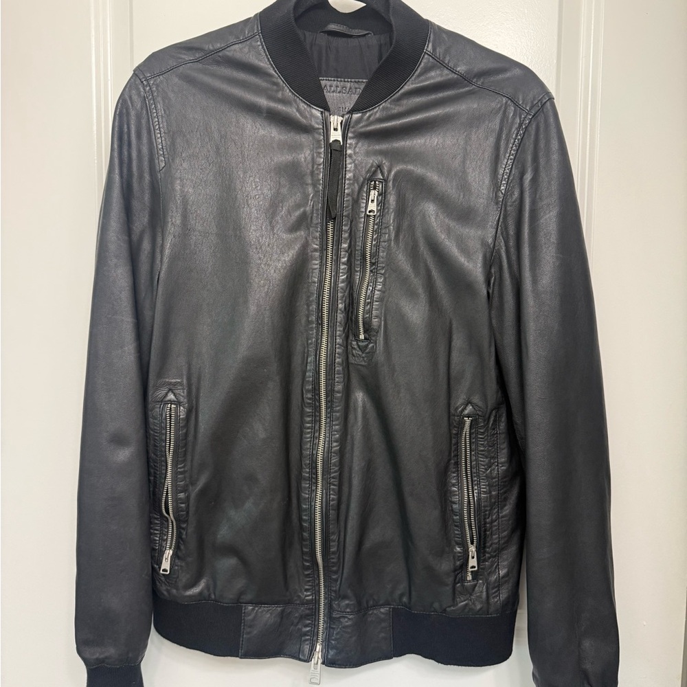 AllSaints Black Leather Bomber Jacket